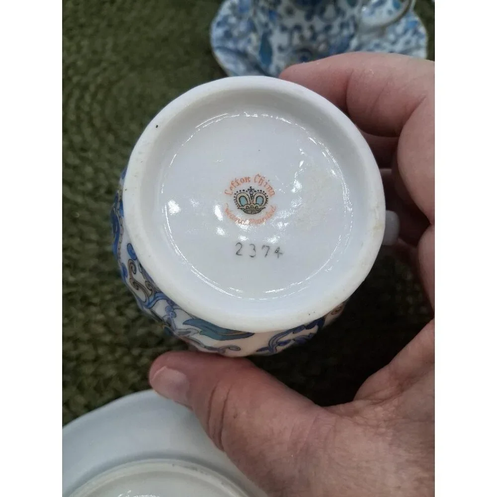 Vintage Lefton China Hand Painted Blue &Gold Floral Tea Set W/Sugar Bowl Cre